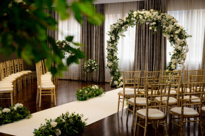 A room set up for a wedding