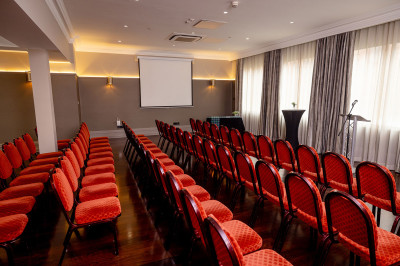 A room set up for a conference